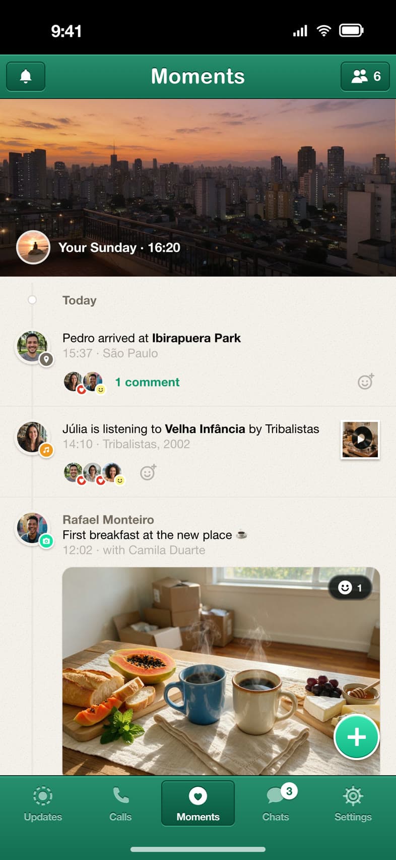 Moments feed with a cover photo and posts from close friends
